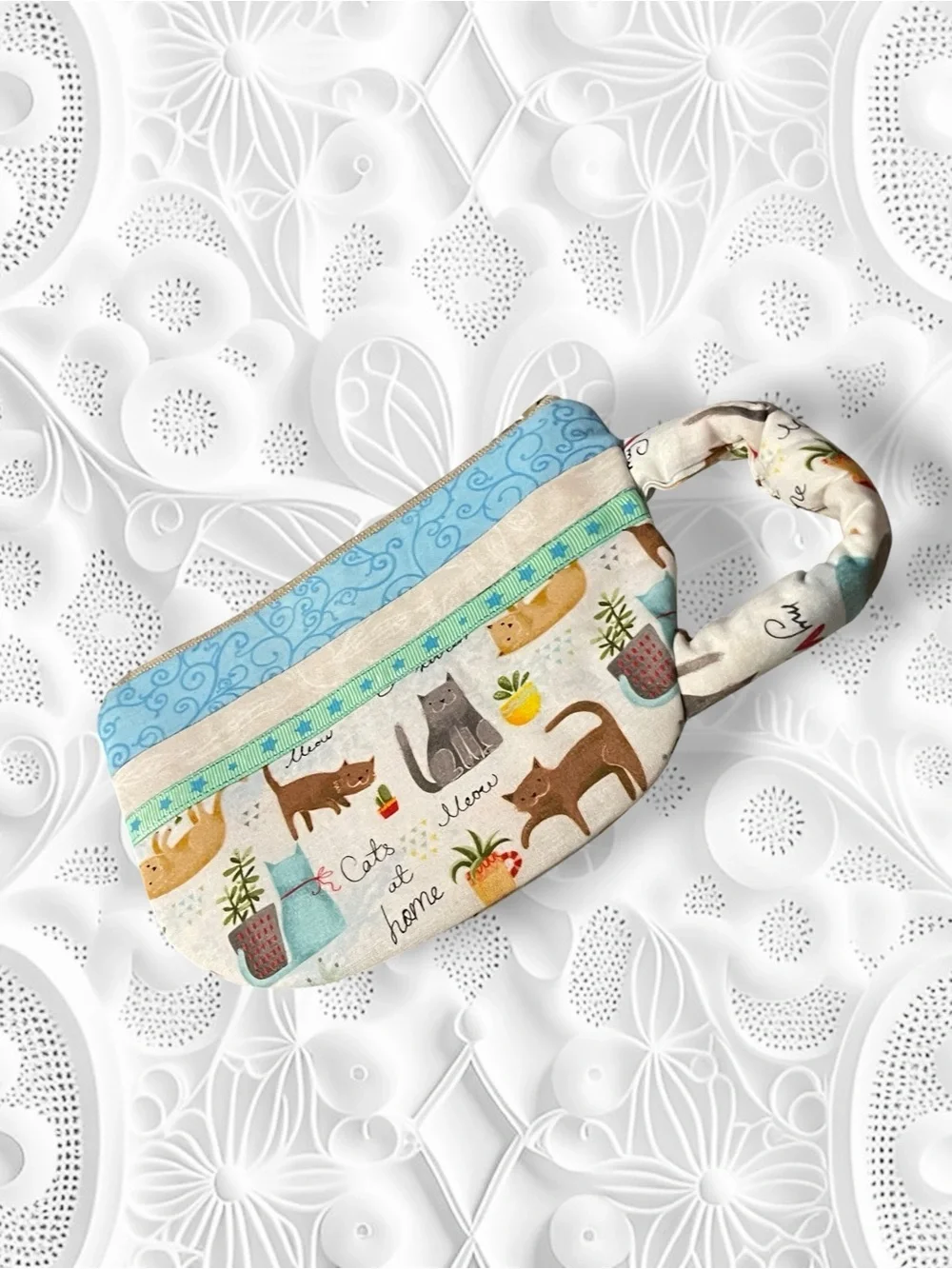 Teacup Pouch Cat Print Quilted Pouch in Blue and Cream